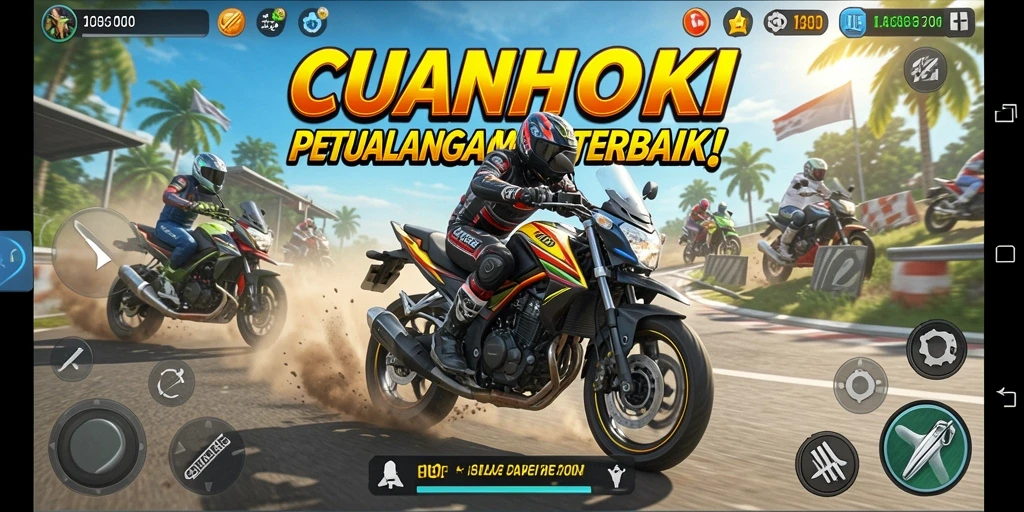 Gambar layar utama CUANHOKI menampilkan aksi balapan yang intens.