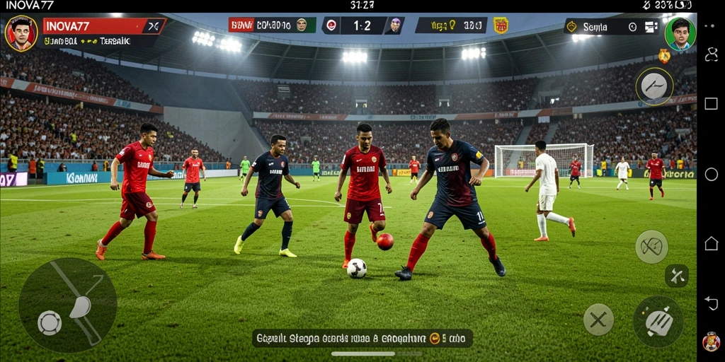 Screenshot INOVA77 menampilkan aksi seru di lapangan sepak bola.