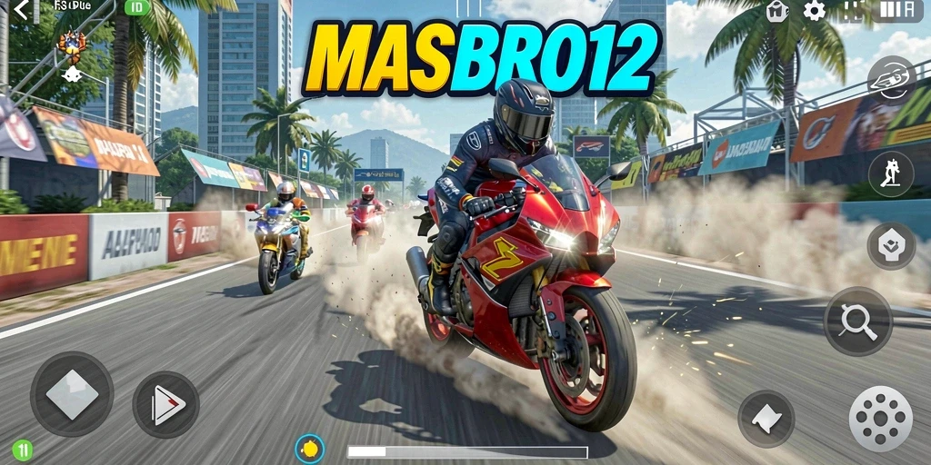 Screenshot utama MASBRO12 menampilkan aksi balapan motor yang mendebarkan.