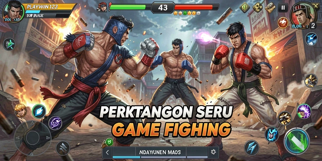 Screenshot gameplay PLAYWIN123 dengan pertarungan yang energik dan karakter yang beragam.