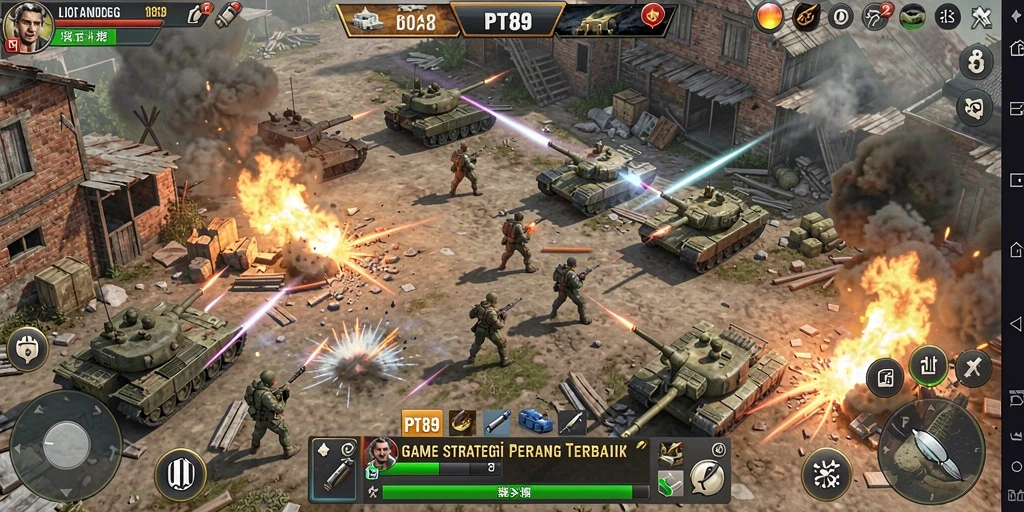 Screenshot menunjukkan aksi strategis dalam pertempuran SLG.